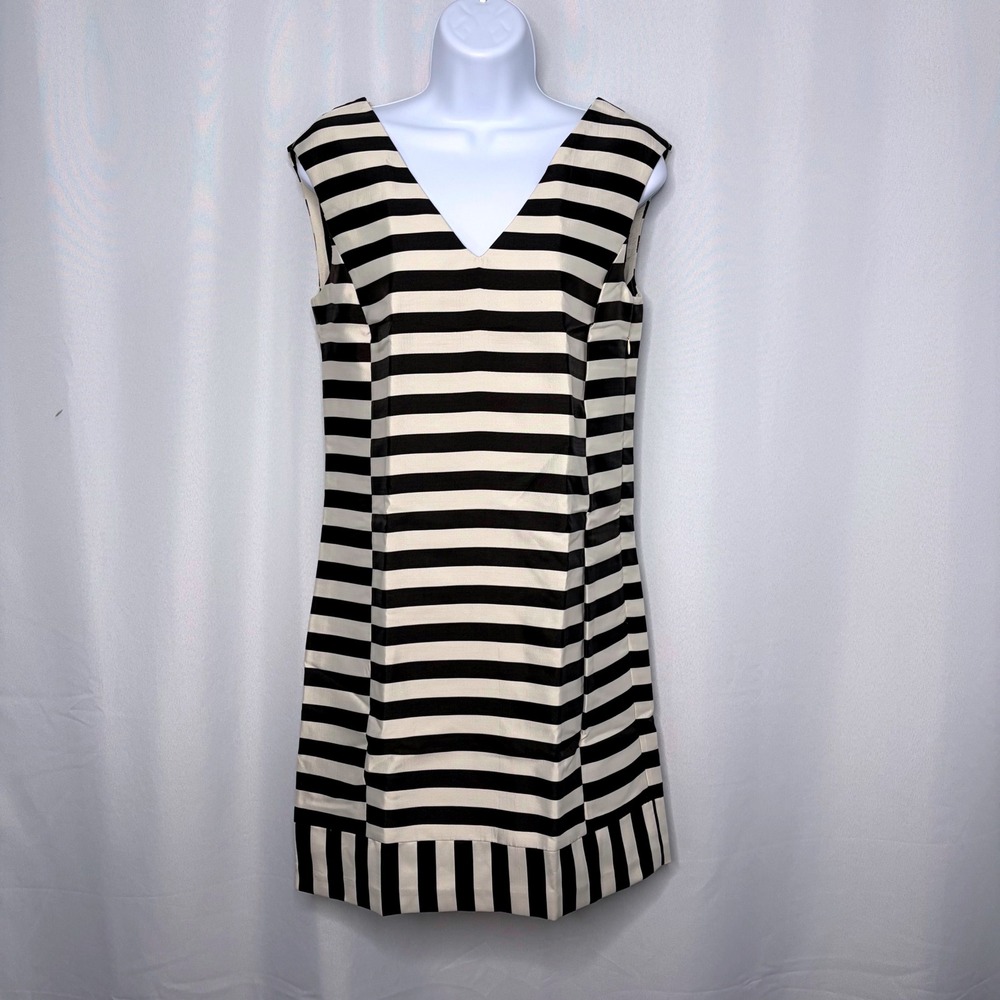 Sisley Black‎ Cream Striped V-Neck Sleeveless Shift Mini Dress XS Bold Mod